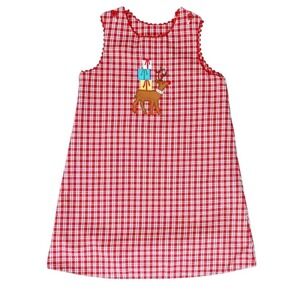 Girls Red‎ Gingham Glorimont Christmas Reindeer Applique Dress Holiday Sz 5